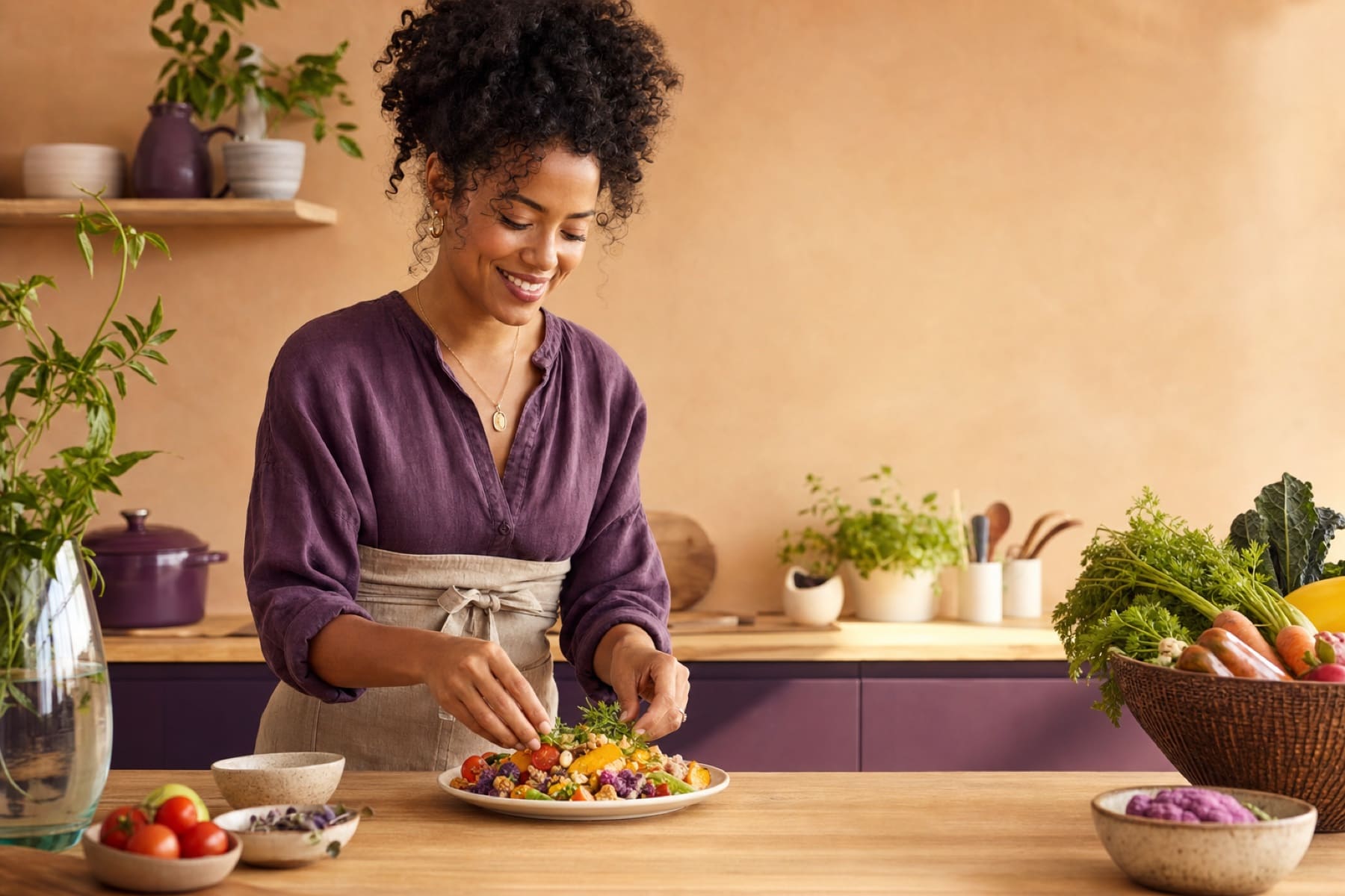 Nutricionista fictícia preparando uma refeição colorida