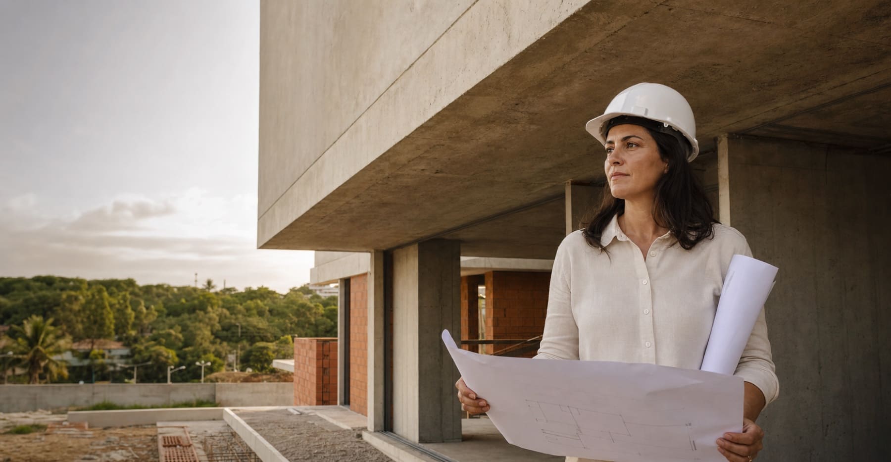 Engenheira civil fictícia em uma obra contemporânea
